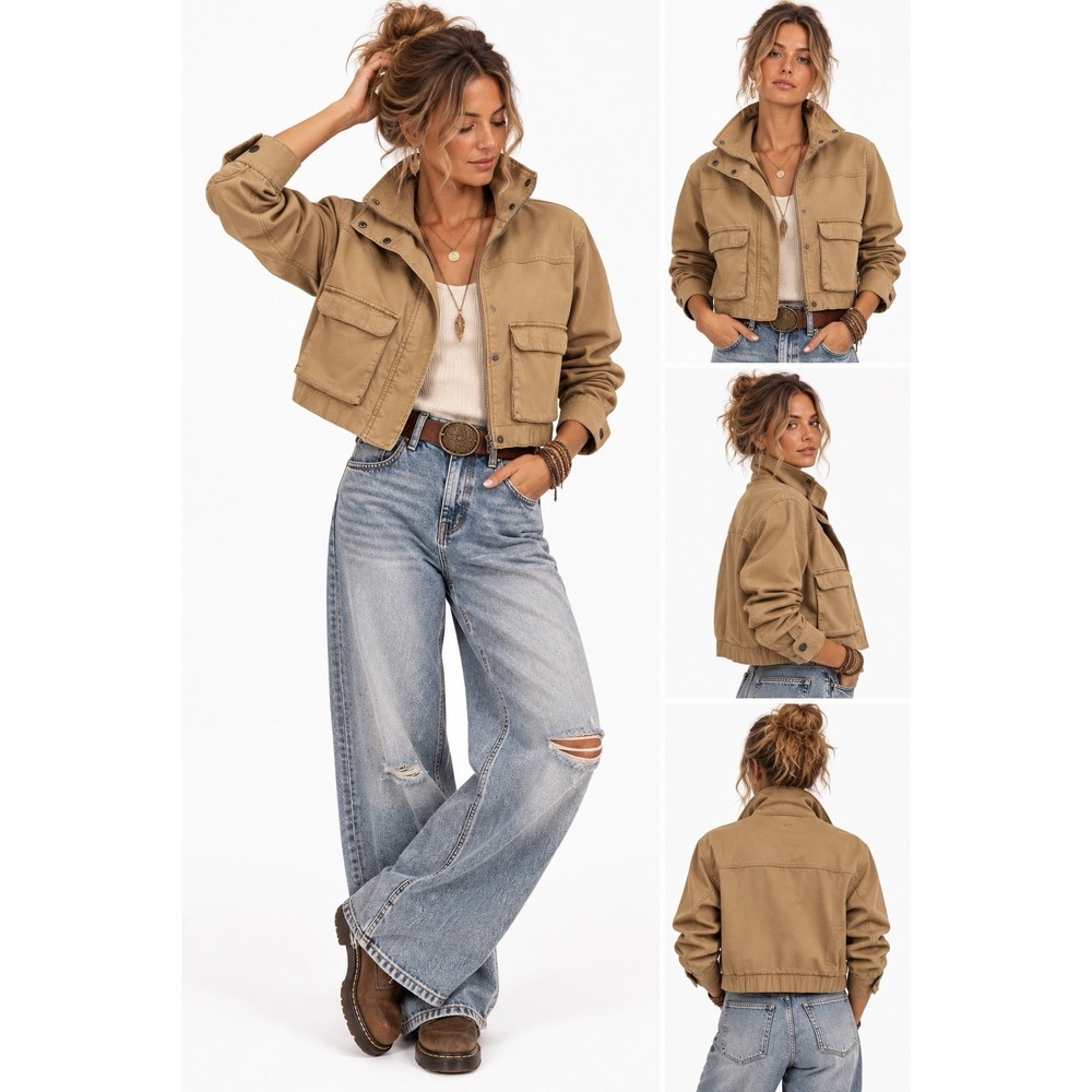 Sonoma Cropped Bomber Barn Chore Jacket Women 1X Tan Cotton Utility Gorpcore